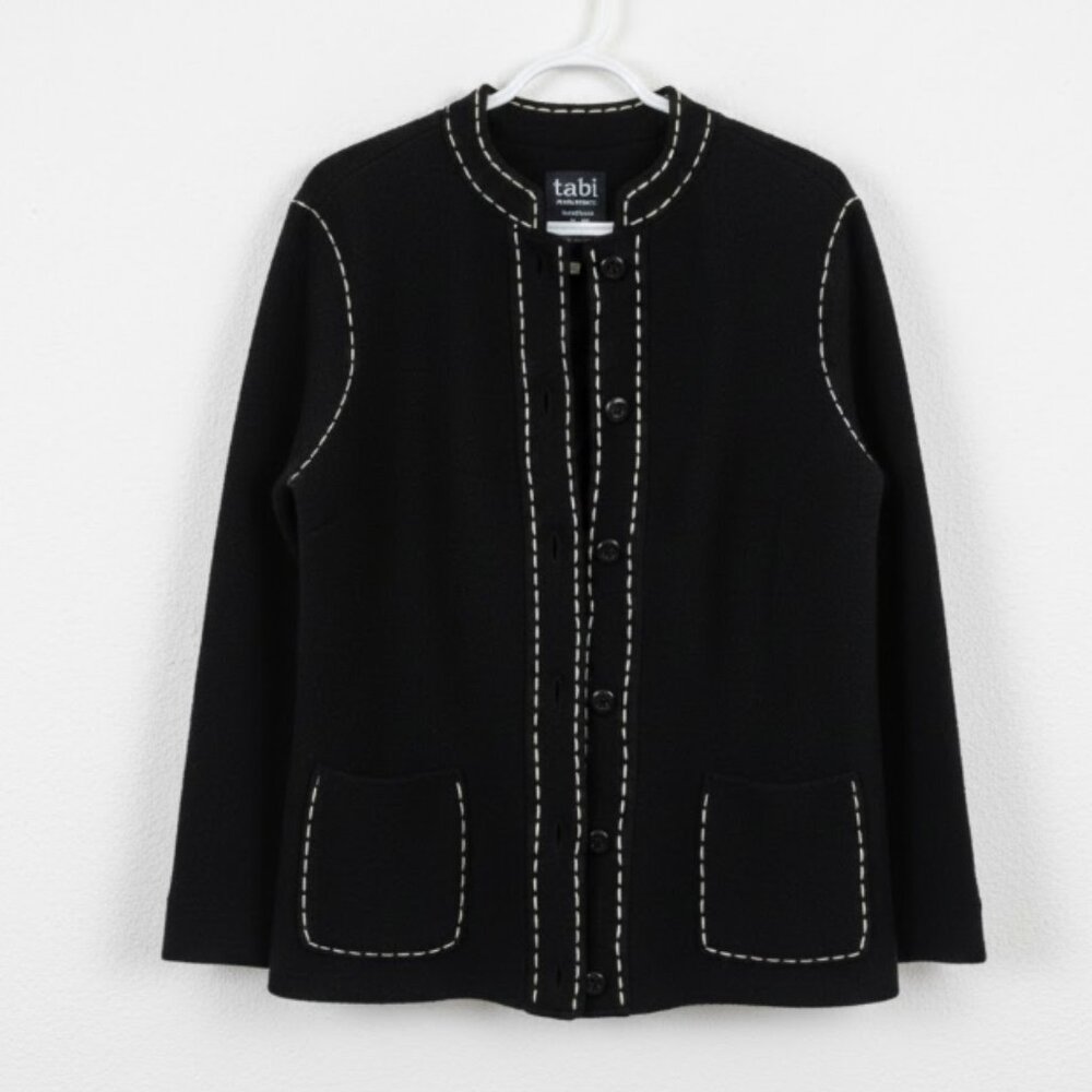 Vintage TABI Sweater Cardigan Jacket Black  with White Stitching 100% Wool SZ XL